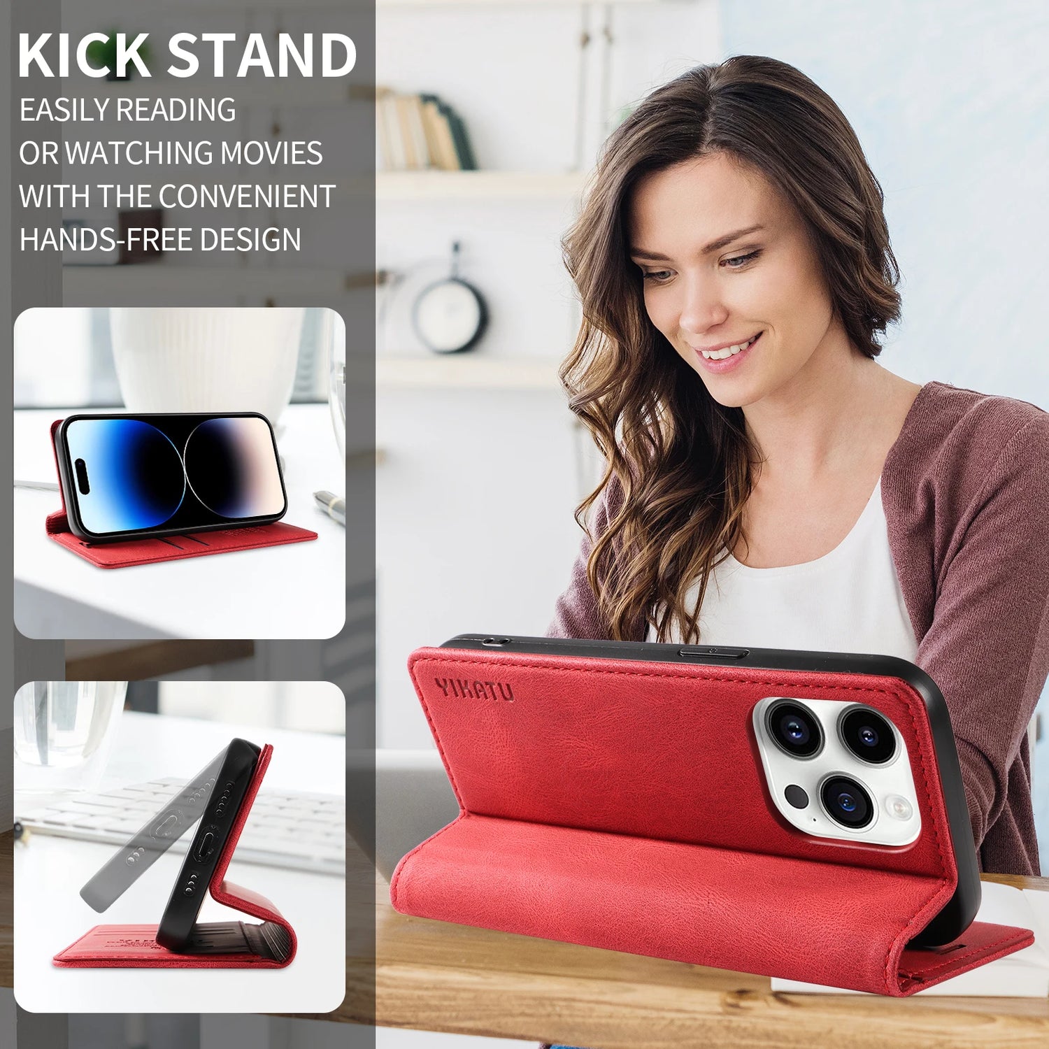 Red leather phone case with a built-in kickstand.