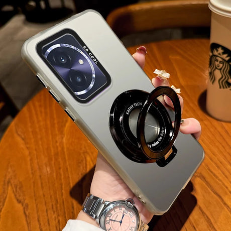 Gray smartphone in a clear case with a black ring holder.