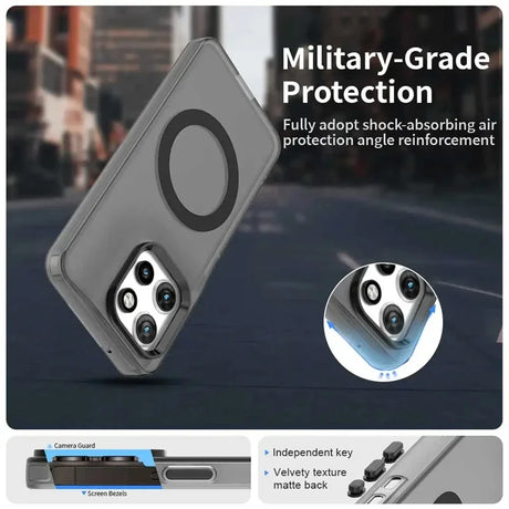 Clear phone case with MagSafe compatibility and reinforced camera/screen protection.