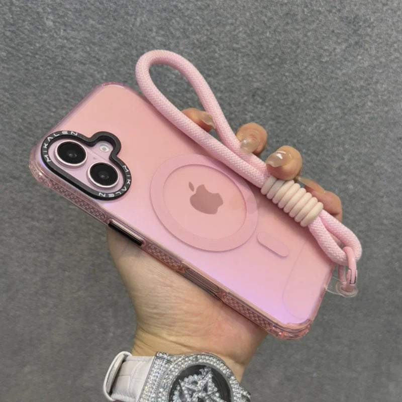 Pink iPhone with a clear case, pink wrist strap, and a prominent Apple logo.