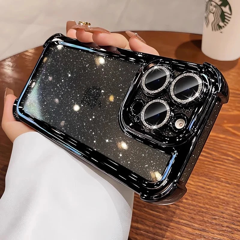 Black glitter iPhone case with sparkling camera lens protectors.