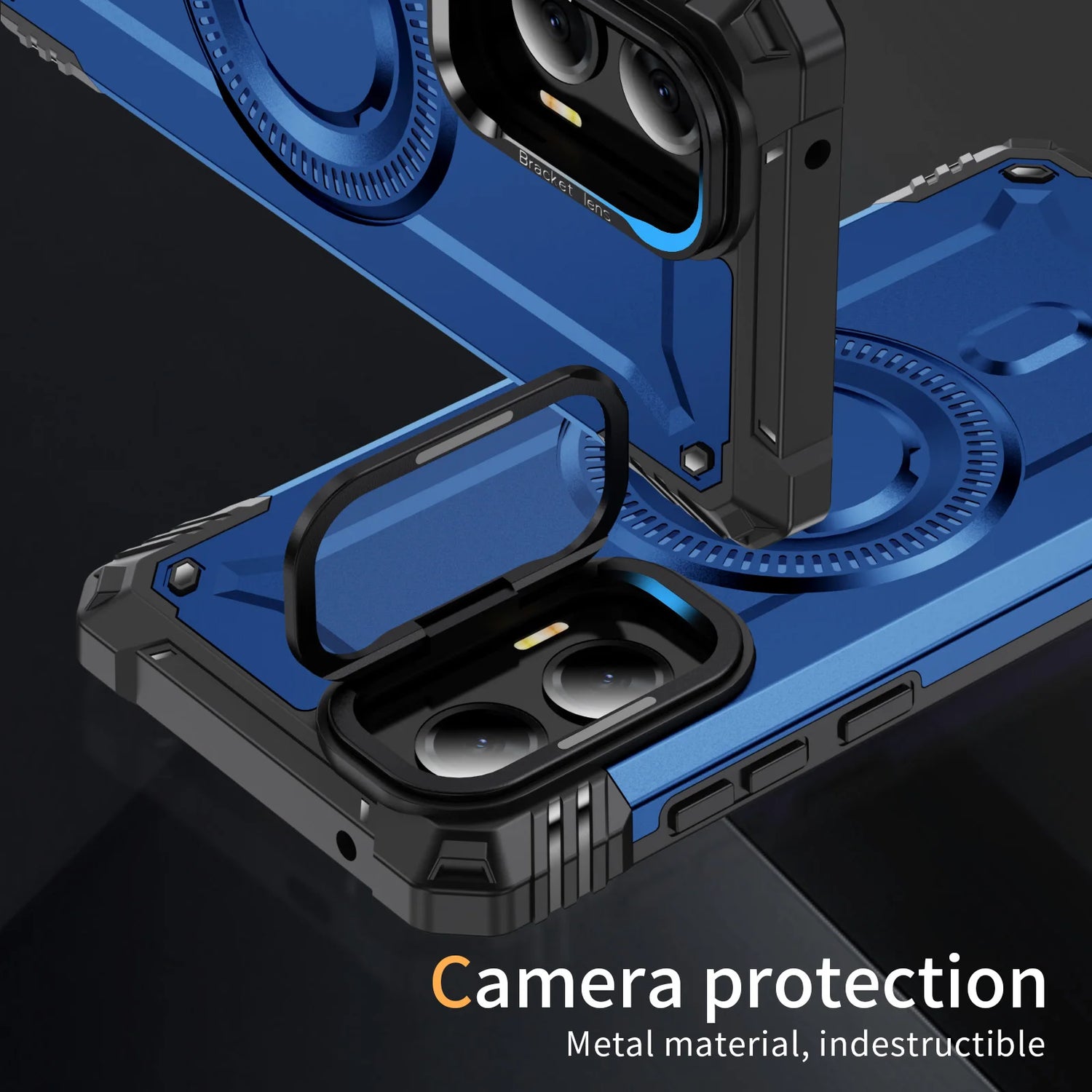 Blue and black rugged smartphone case with a sliding camera cover and kickstand.