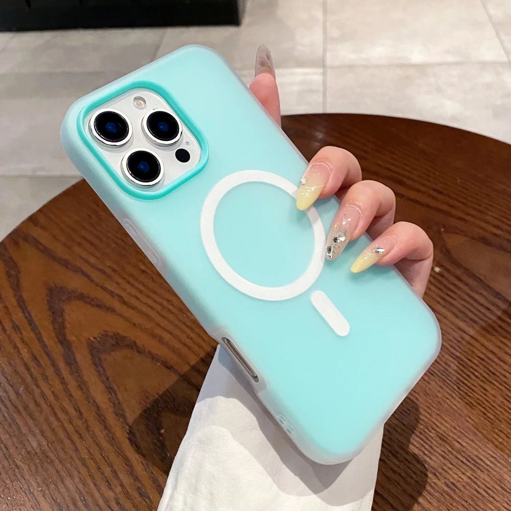 Light blue silicone iPhone case with a white MagSafe ring and matching camera bezel.