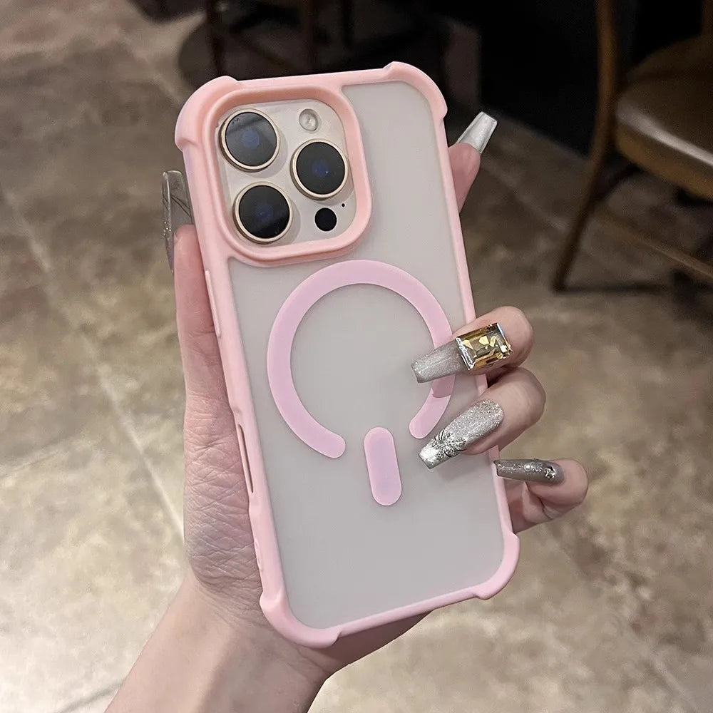 Pink-edged clear phone case with a pink magnetic charging ring.