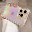 Iridescent glitter clear iPhone case with reinforced corners and camera lens protection.