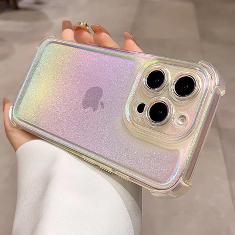 Iridescent glitter clear iPhone case with reinforced corners and camera lens protection.