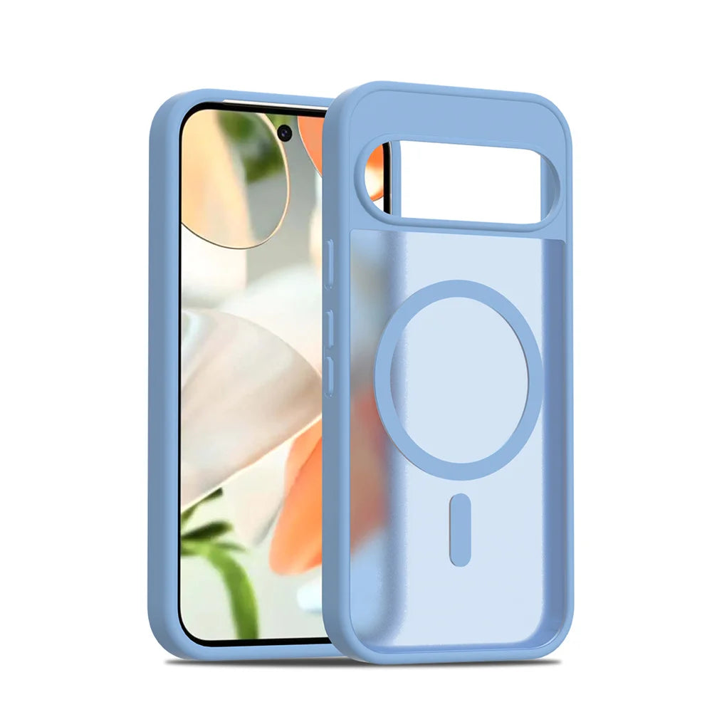 Light blue, clear back phone case with a magnetic ring.