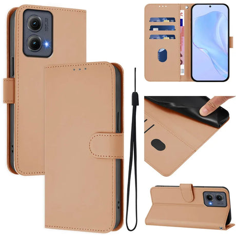 A brown leather wallet-style phone case with card slots and a wrist strap.
