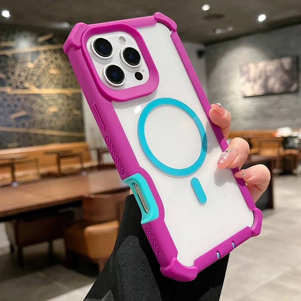 A clear phone case with a vibrant magenta border, aqua accents, a built-in magnetic ring, and reinforced corners.