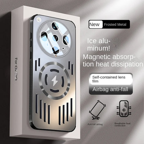 Silver-colored phone case with a camera lens protector, magnetic charging area, and anti-fall features.