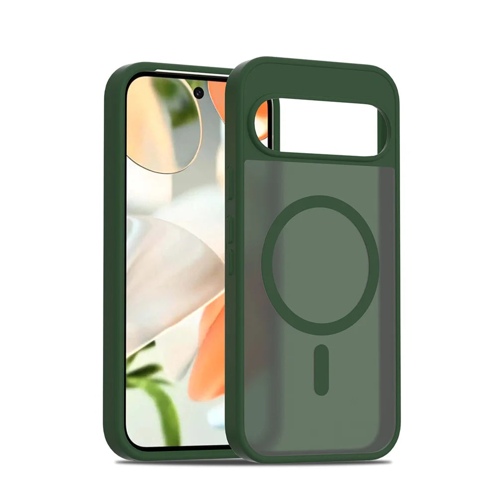 Green smartphone case with a magnetic ring and an open camera cutout.