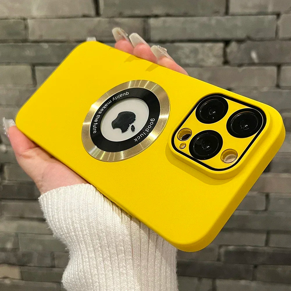 Yellow iPhone case with a magnetic ring holder and a prominent camera cutout.