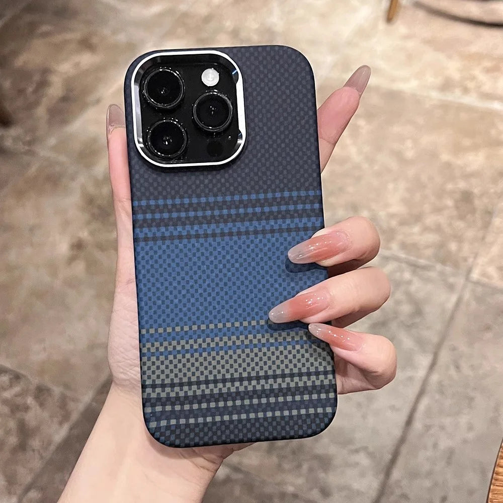 Blue and gray striped textured phone case with a camera cutout.