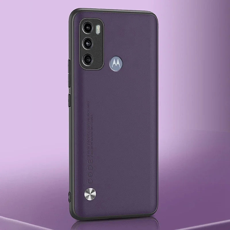 Purple smartphone with a triple camera system and a black bumper case.