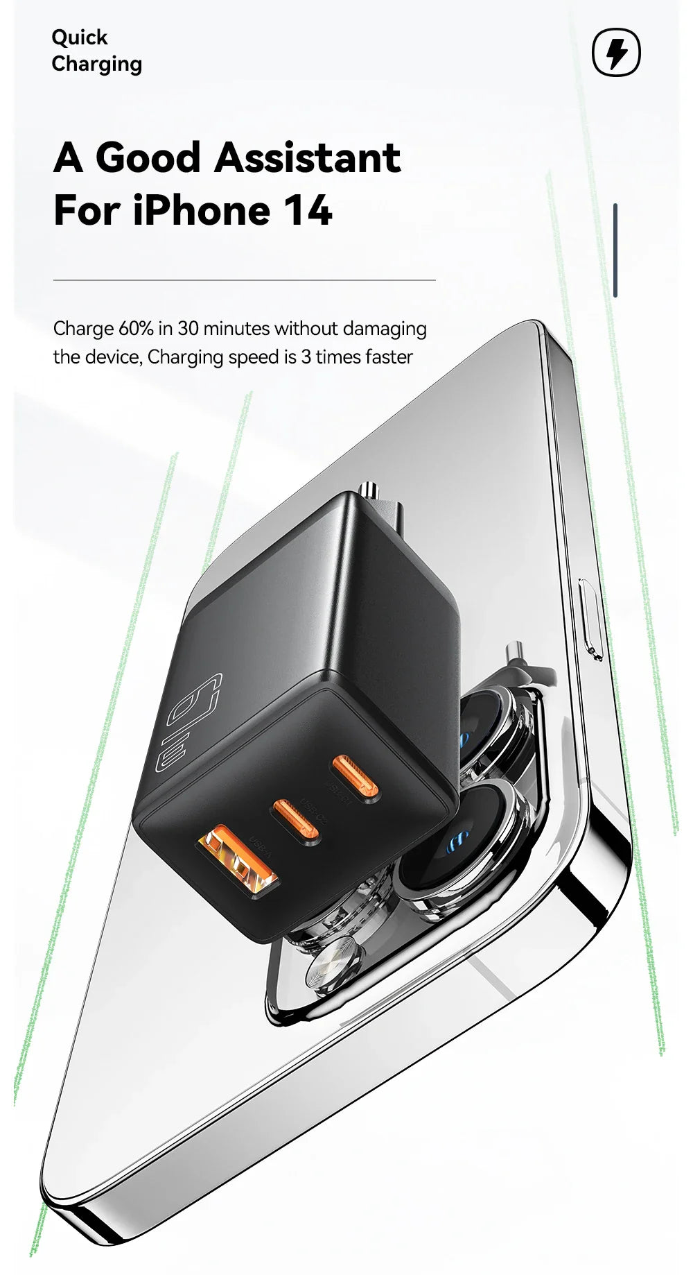 Fast-charging adapter for iPhone 14 with multiple USB ports.