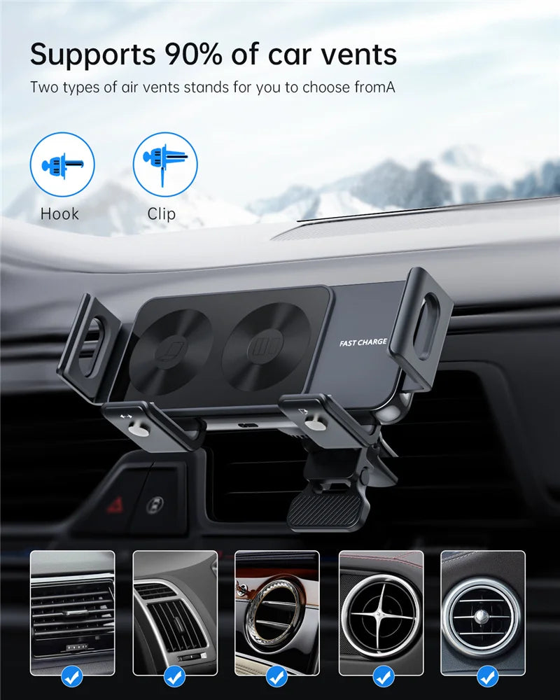 Adjustable car phone mount that attaches to air vents, offering hook and clip options for compatibility with various vent types.