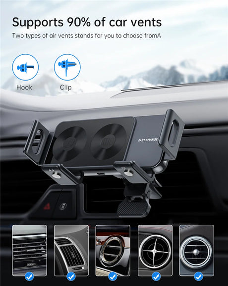 Adjustable car phone mount that attaches to air vents, offering hook and clip options for compatibility with various vent types.