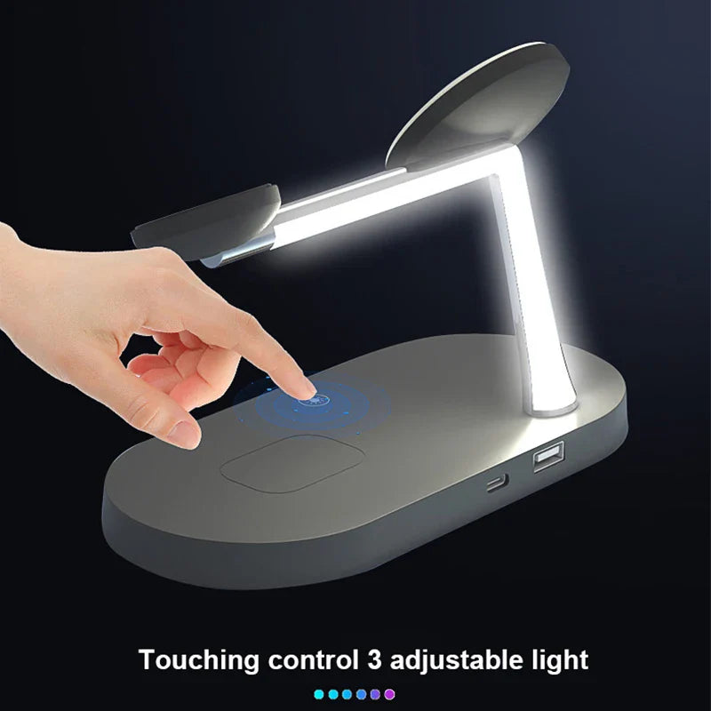 Adjustable LED desk lamp with wireless charging base.