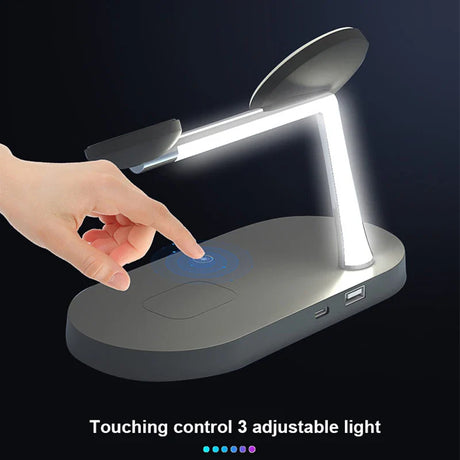 Adjustable LED desk lamp with wireless charging base.