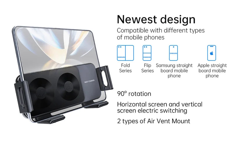 Adjustable mobile phone holder with a large screen attachment and multiple compatibility features.