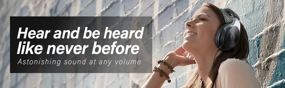 Advertisement for headphones or audio equipment featuring a woman wearing headphones with her eyes closed.