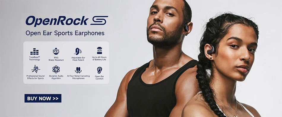 Advertisement for OpenRock S open ear sports earphones featuring two athletic models.