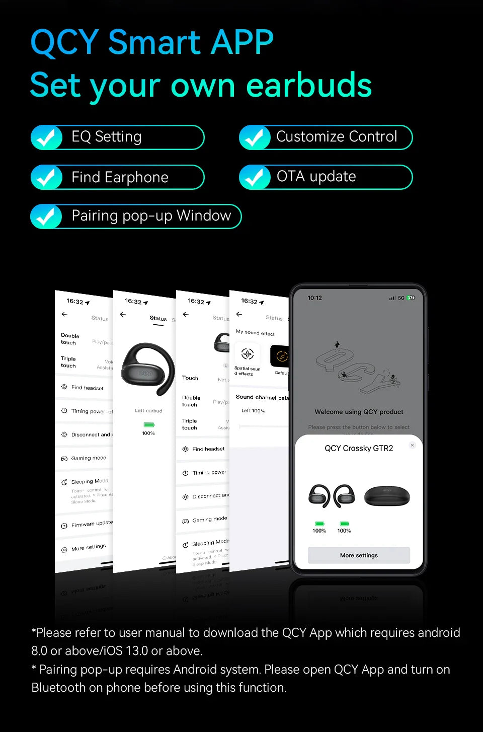 Advertisement for the QCY Smart APP, showcasing features for customizing wireless earbuds.