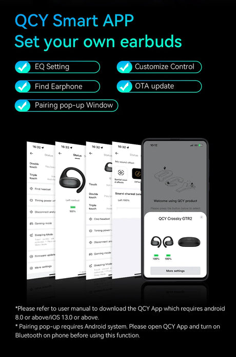 Advertisement for the QCY Smart APP, showcasing features for customizing wireless earbuds.