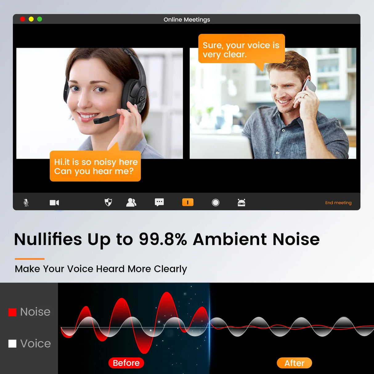 Advertisement for noise-cancelling technology in online meetings or calls.