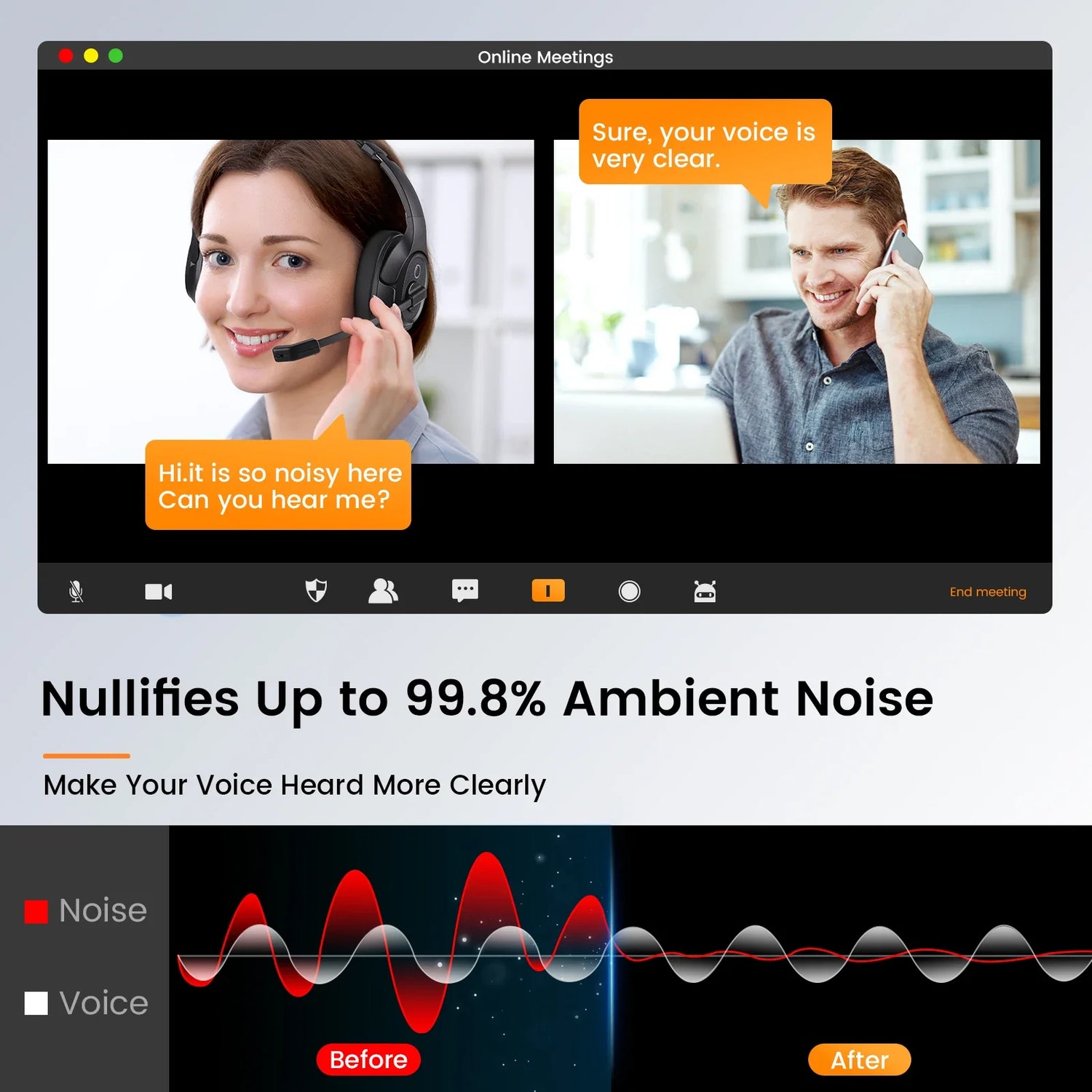 Advertisement for noise-cancelling technology in online meetings or calls.