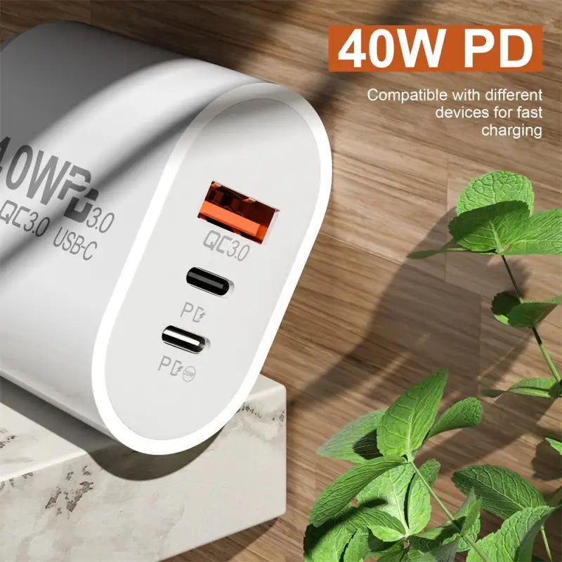 a white power strip with a plant in the background