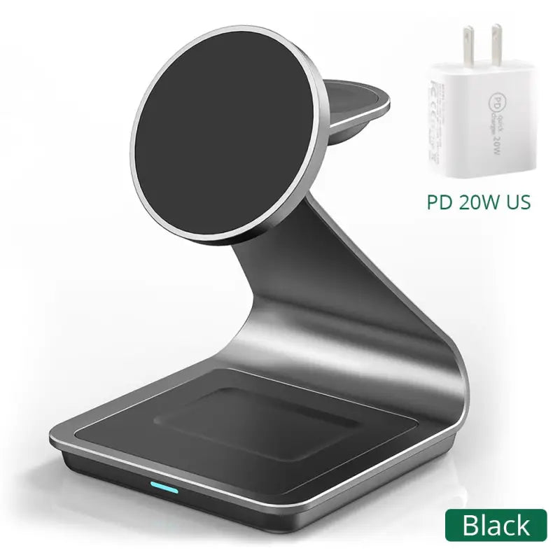 a black and silver charging station with a usb