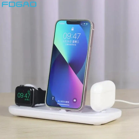 the wireless charging station with a phone and an apple watch