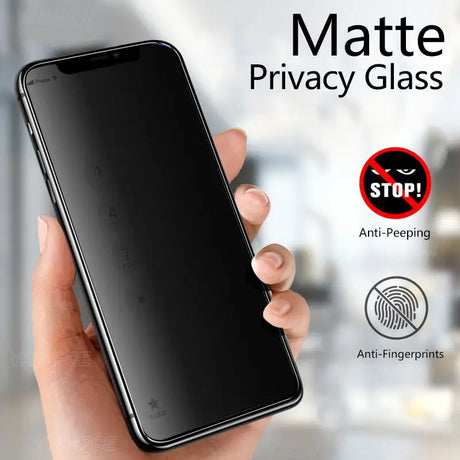 a hand holding a black iphone with the text mate privacy glass