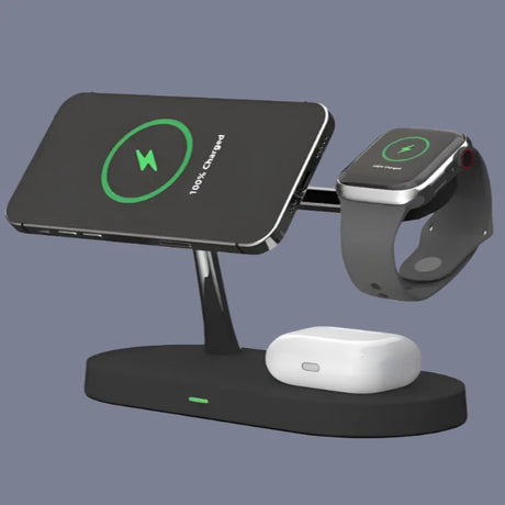 a close up of a cell phone and a charging dock