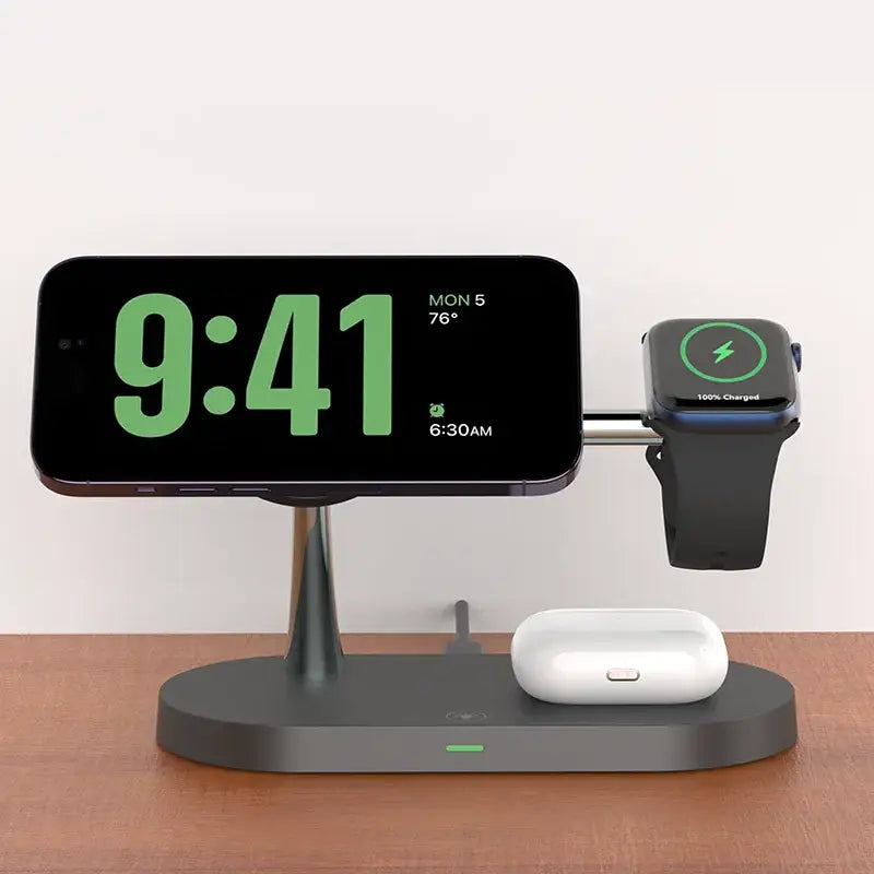 An apple watch and an apple watch stand on a table
