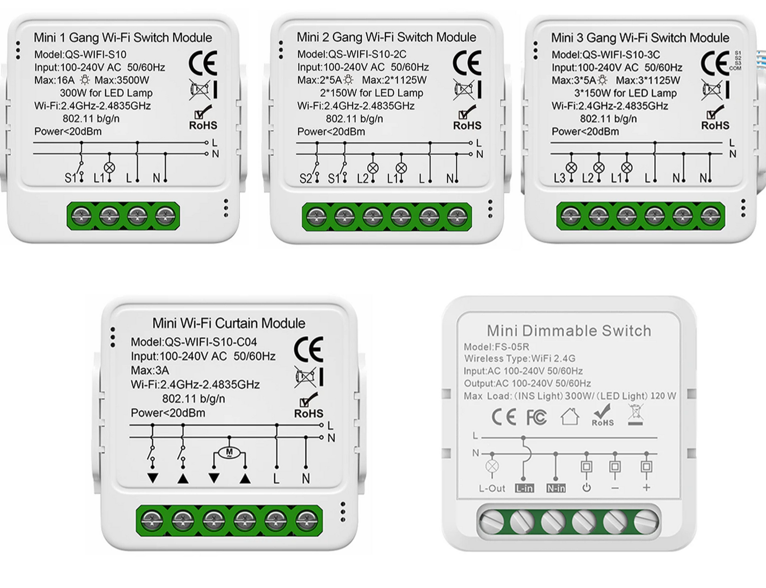 Assortment of mini Wi-Fi switch modules.