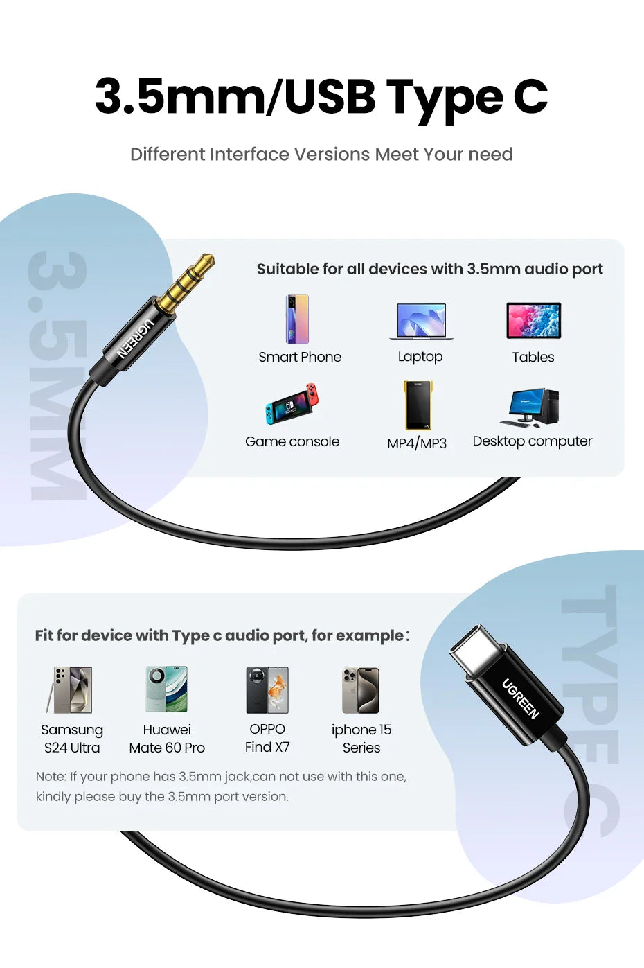 Audio adapter cable with 3.5mm jack on one end and USB Type-C connector on the other.