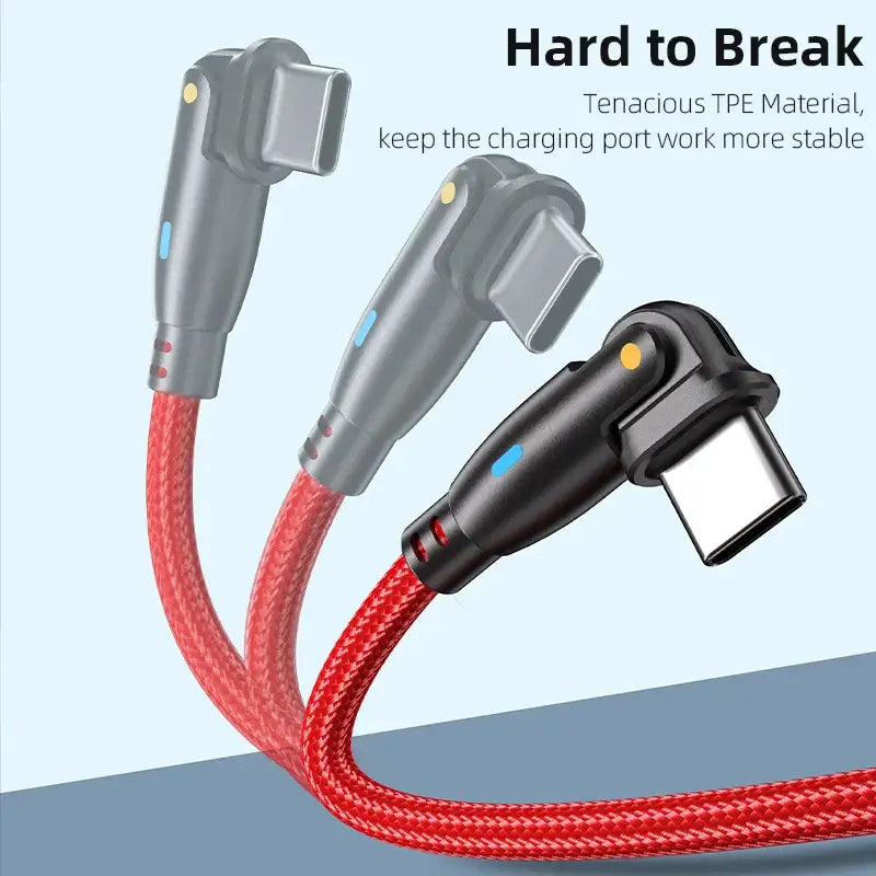 a red braided usb cable connected to a blue and white phone