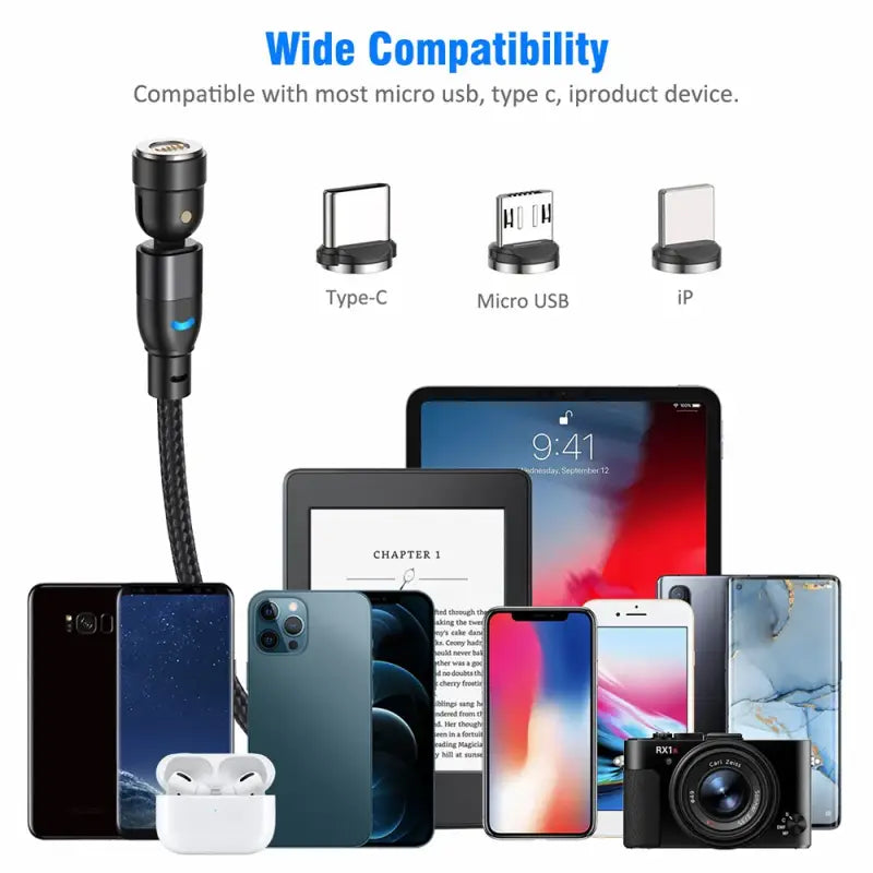 a smartphone, a camera, and a smartphone with a cable connected to it