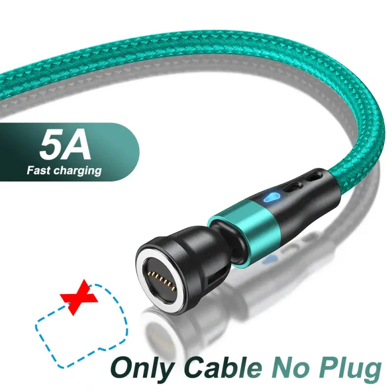 a green braided charging cable with a white button