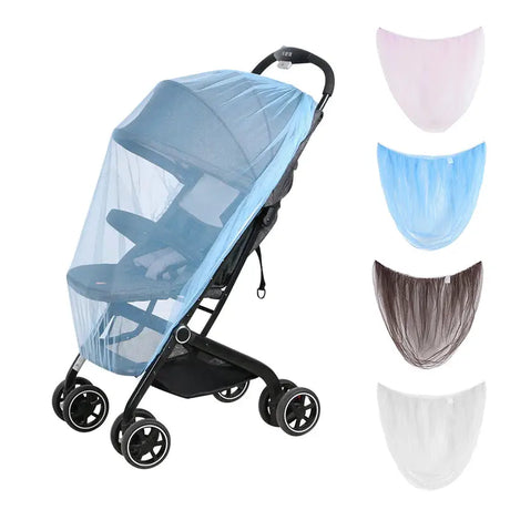 a stroller with a blue cover and a black handle