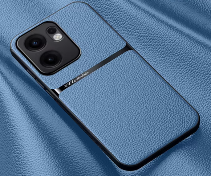 Blue faux leather phone case with a dual camera cutout.