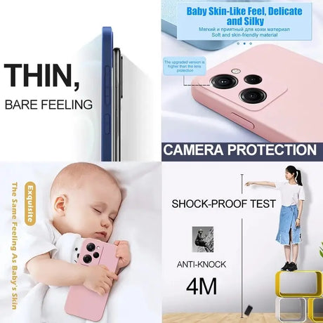 a baby laying on a bed next to a phone