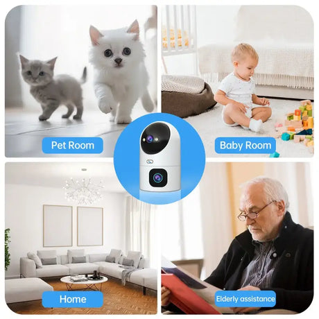 a baby monitor with a cat and a baby sitting on the floor