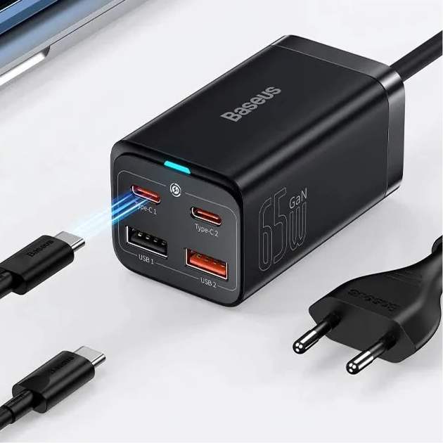 Baseus multi-port USB charger adapter with various charging ports and cables.