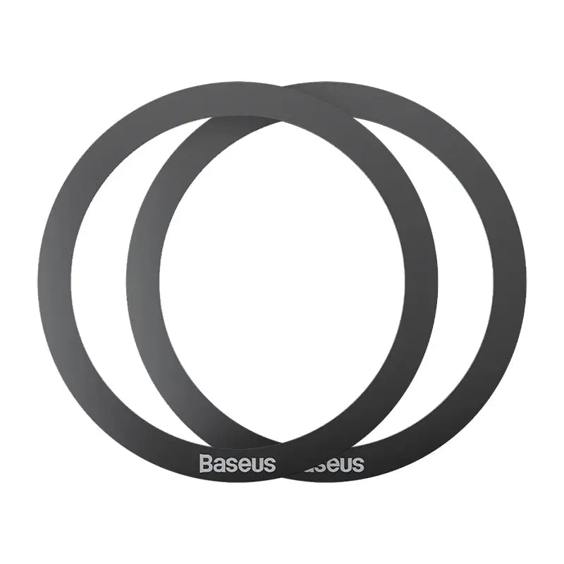 a pair of black circular rings with the word’baus’in white