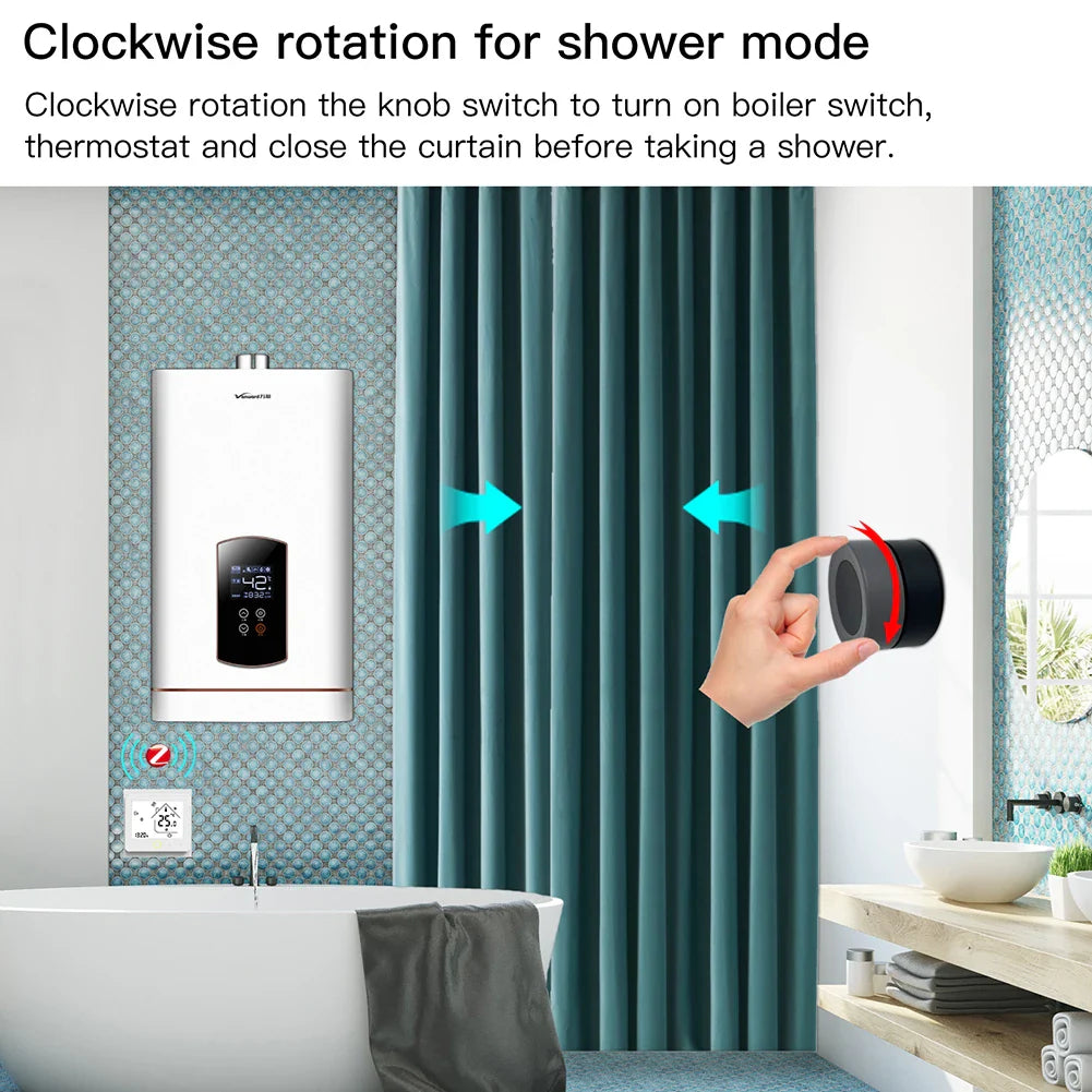 Bathroom scene with water heater and shower curtain.