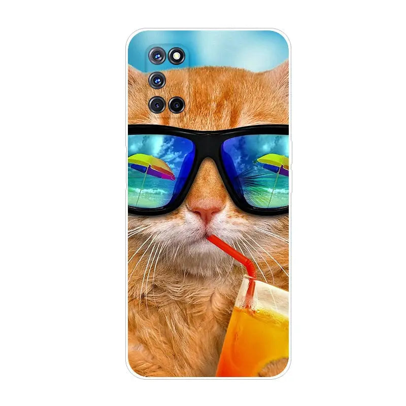 a cat with sunglasses and a drink on the beach phone case