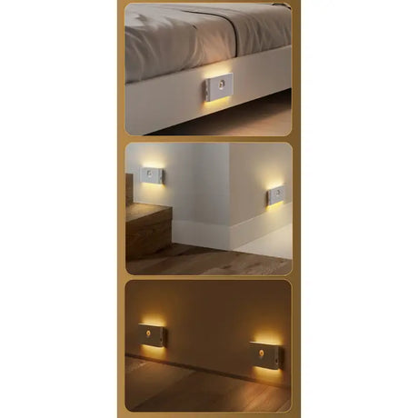 a bed with a light on it and a night light on the side
